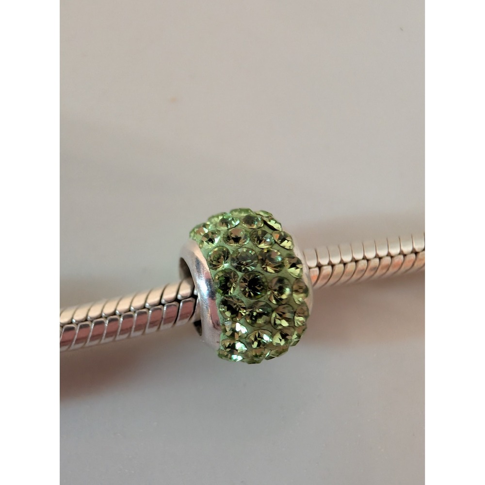 Green Pave Crystal Bead Charm for Snake Chain Bracelet‎ Silver Tone